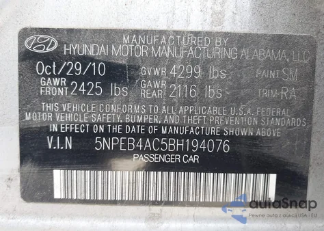 2011 Hyundai Sonata Gls из США, поврежденный, VIN 5NPEB4AC5BH194076